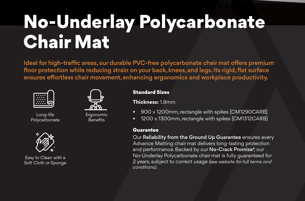 No-Underlay Polycarbonate Chair Mat Rectangle With Spikes 900x1200mm