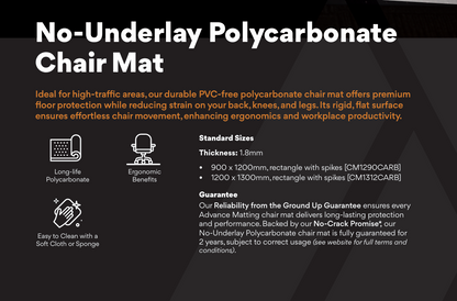 No-Underlay Polycarbonate Chair Mat Rectangle With Spikes 1200x1300mm