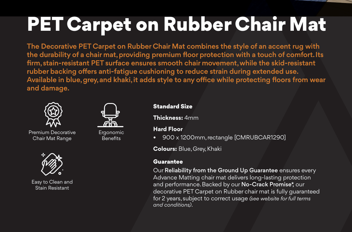 PET Carpet on Rubber Chair Mat 900x1200mm Blue, Khaki & Grey Range